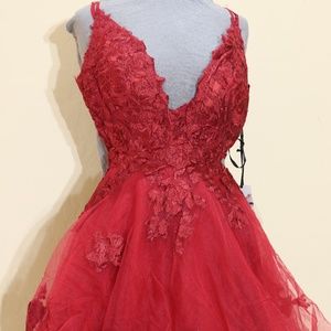 ALYCE plunging neckline rose appliqué fit and flare short dress scarlet size 6